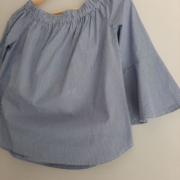 LORD & TAYLOR Bell Sleeve Top Scoop / Off Shoulder Blue & White Stripe Sz XS - Picture 6 of 14